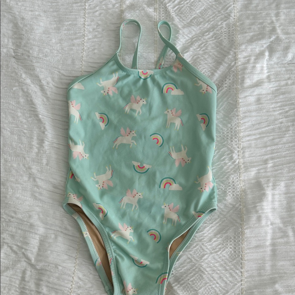 Old Navy Kids Mint Green One-Piece Swimsuit with Unicorn & Rainbow Print